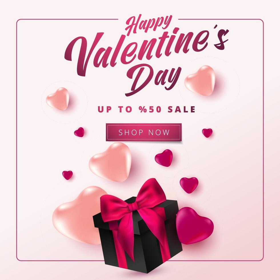 Cartel de venta de San Valentín o pancarta con muchos corazones dulces y sobre fondo rosa degradado. plantilla de promoción y compra o por amor y san valentín. vector
