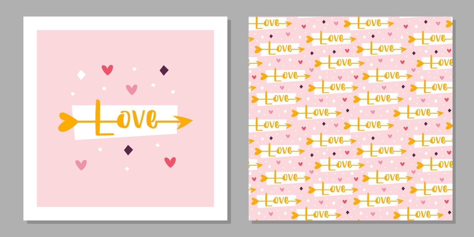 St Valentine's holiday. Love greeting card design. Cupid arrow with love lettering. Relationship, emotion, passion. Seamless pattern, texture, paper, packaging. vector