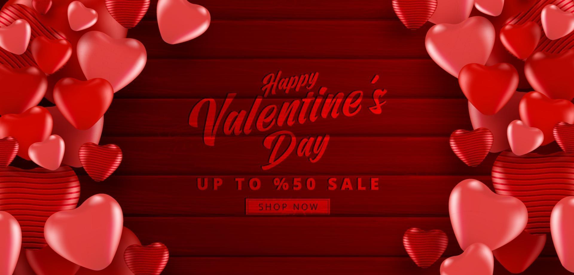 Valentine's day sale poster or banner with red color many sweet hearts on wooden textured red color background. Promotion and shopping template or for love and valentine's day. vector