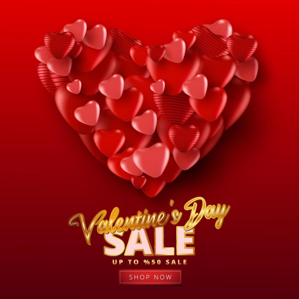 Cartel de venta de San Valentín o pancarta con muchos corazones dulces sobre fondo de color rojo. plantilla de promoción y compra o por amor y san valentín. vector