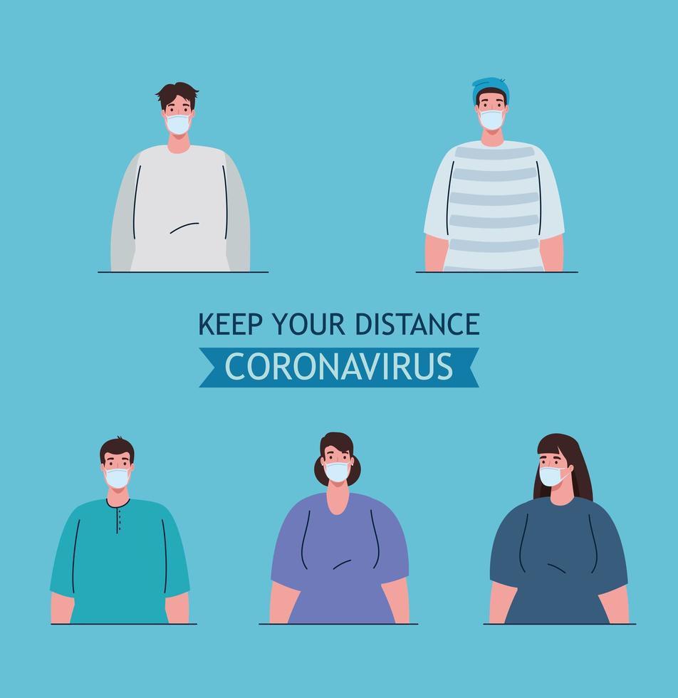 social distancing banner with people wearing face masks vector