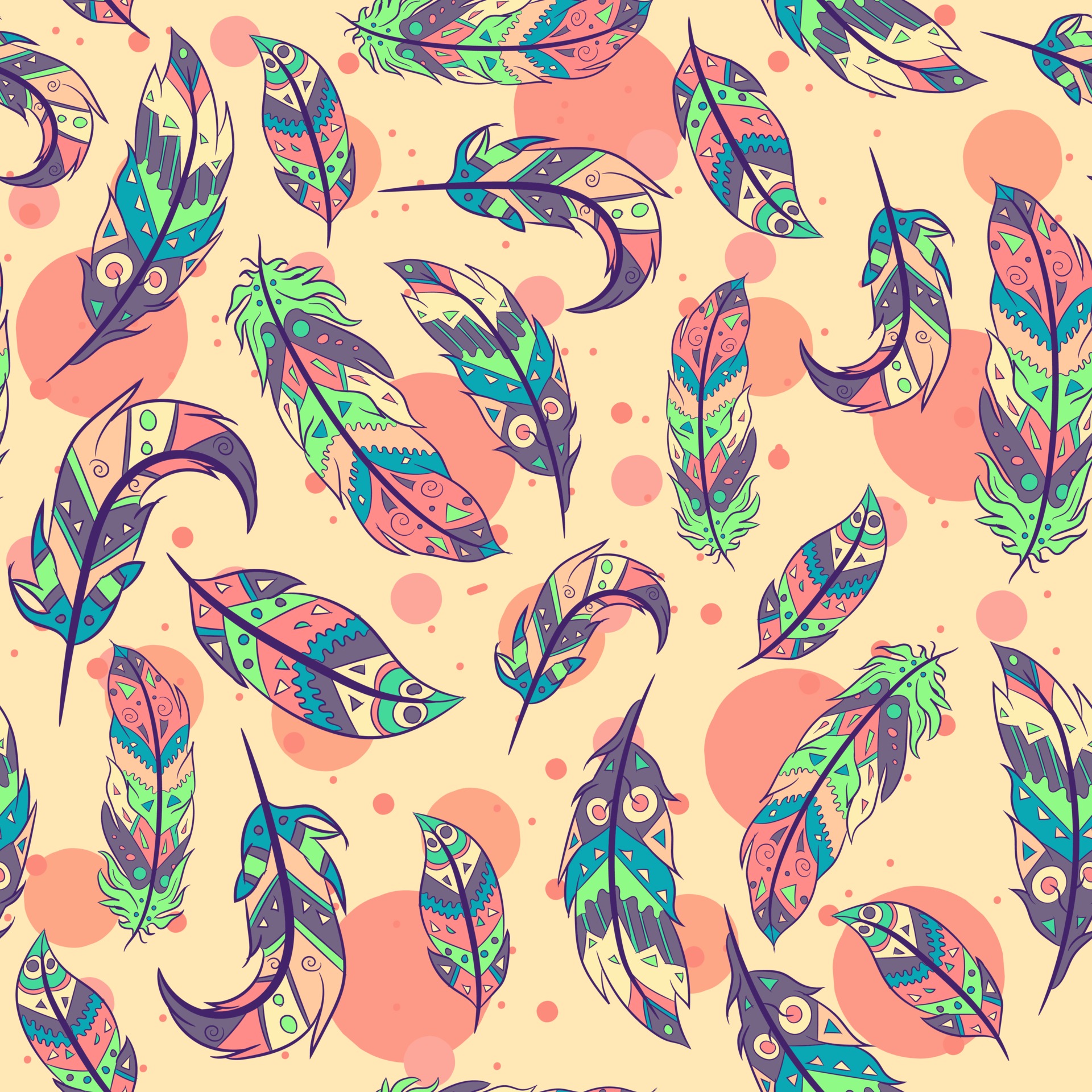 Bohemian seamless pattern with feathers and living coral circles