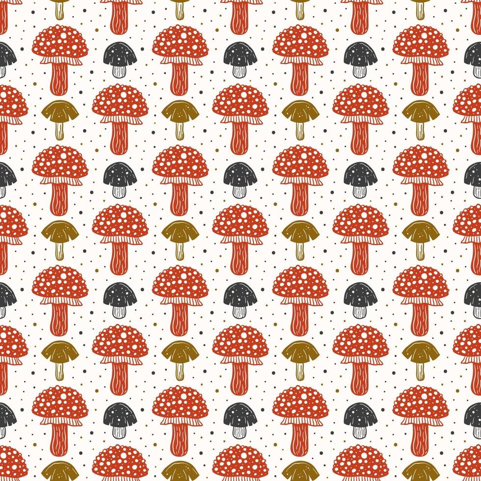 Fly agaric. Poison mushroom. Seamless pattern, texture, background. Packaging design. Ink vector. vector