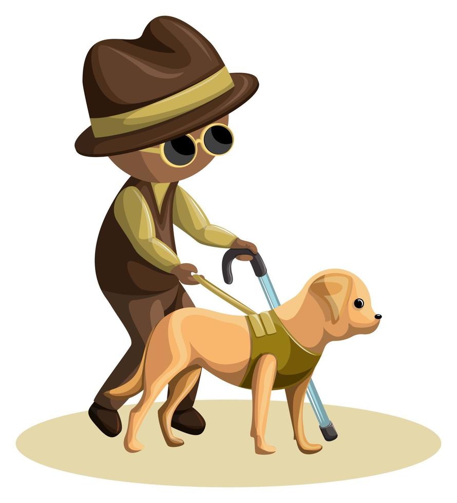 Vector image of a blind old man with a dog and a cane. Cartoon style.