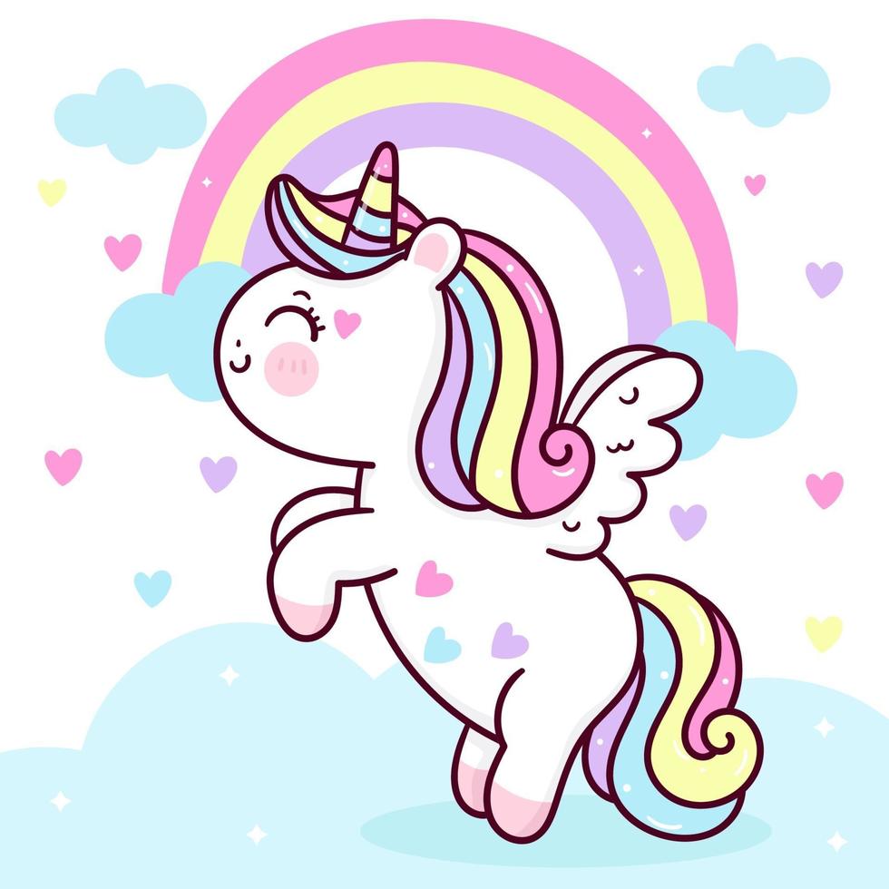 Cute Unicorn Pegasus vector flying on pastel sky with sweet rainbow and ...