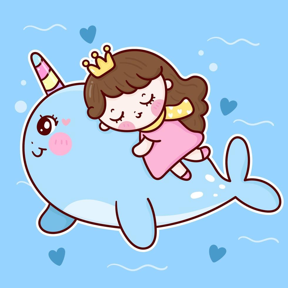 Cute princess cartoon sleeping on unicorn narwhal vector marine life kawaii animal background