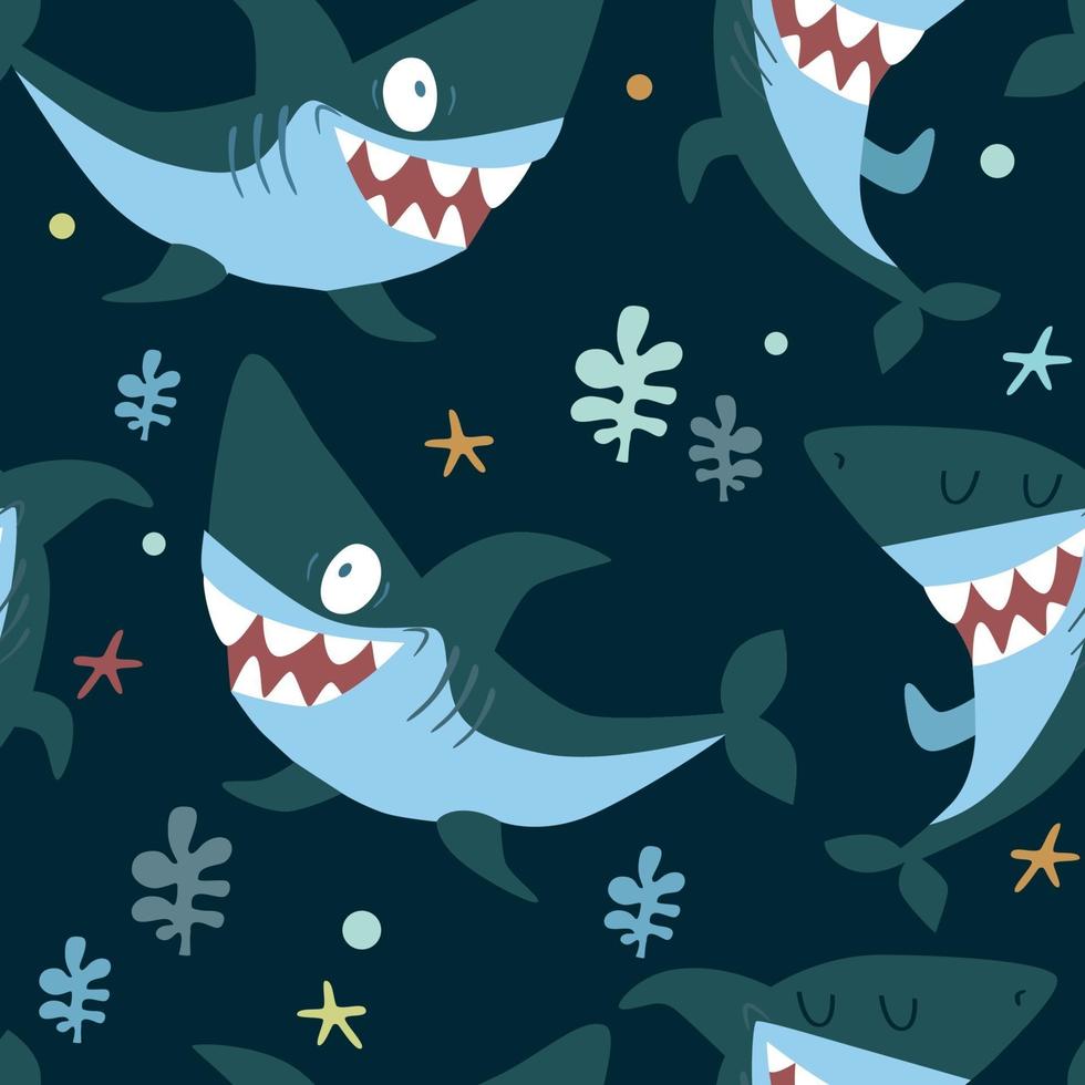 Cute pattern with sharks on blue background with sea plants in a cartoon style. Illustration for kids in vector. vector