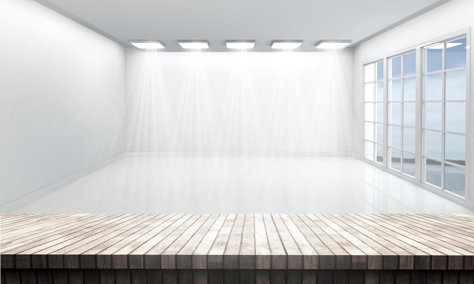 3D wooden table looking out to a white empty room photo