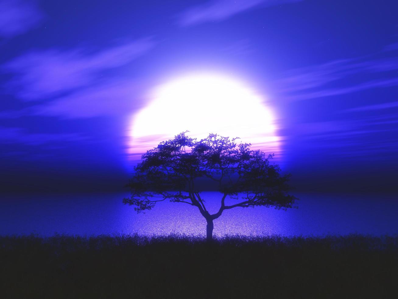3D tree silhouetted against a moonlit landscape photo