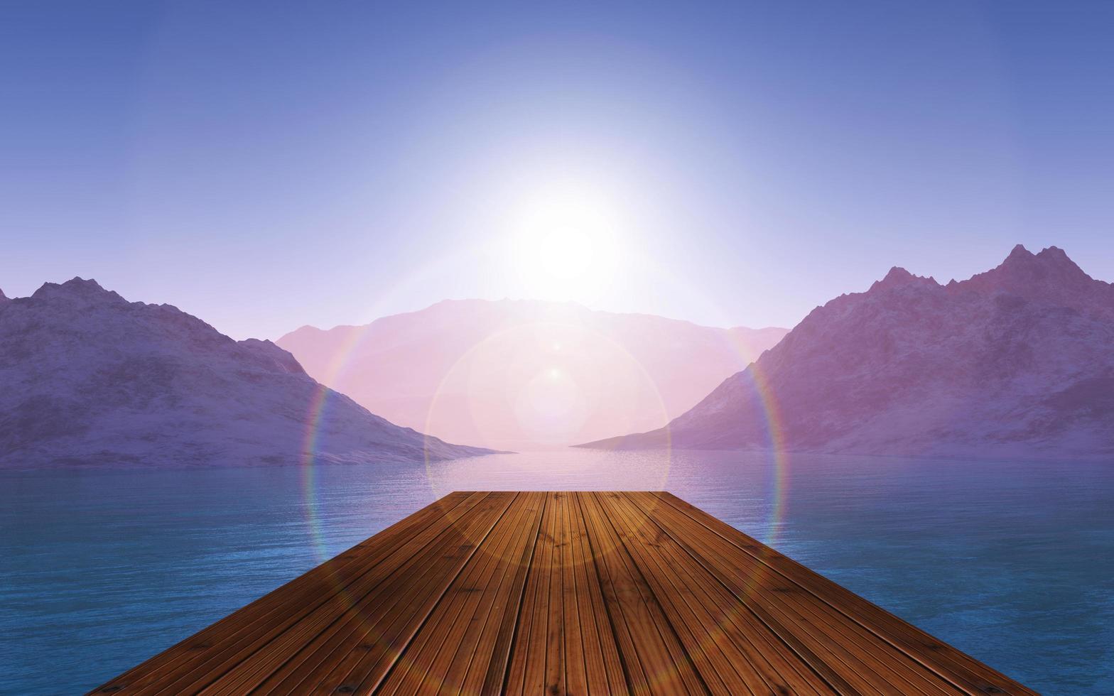 3D wooden jetty looking out to a sunset landscape photo