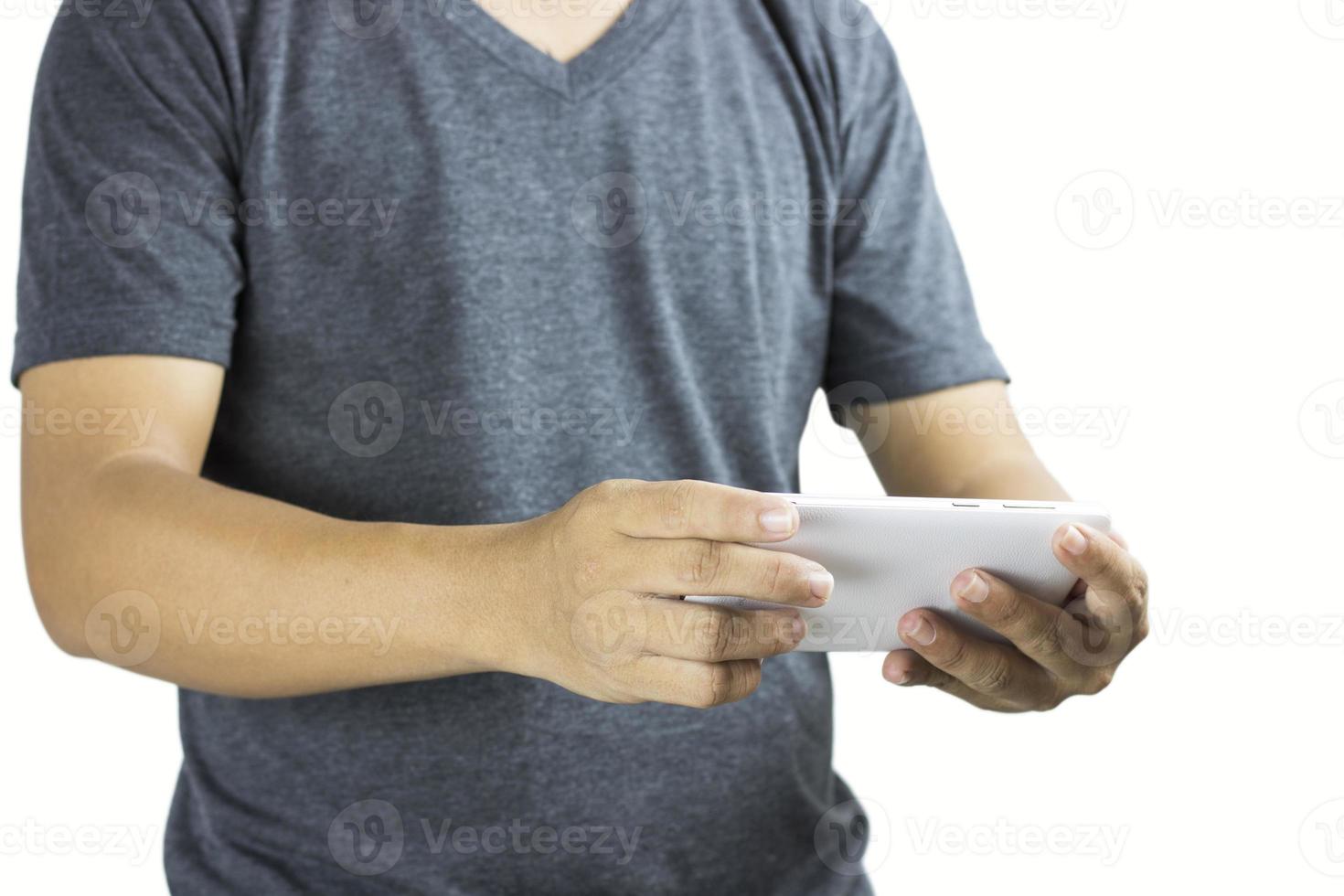 Man using phone on white background photo