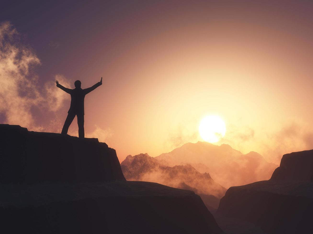 3D male figure with arms raised stood on mountain against sunset sky photo