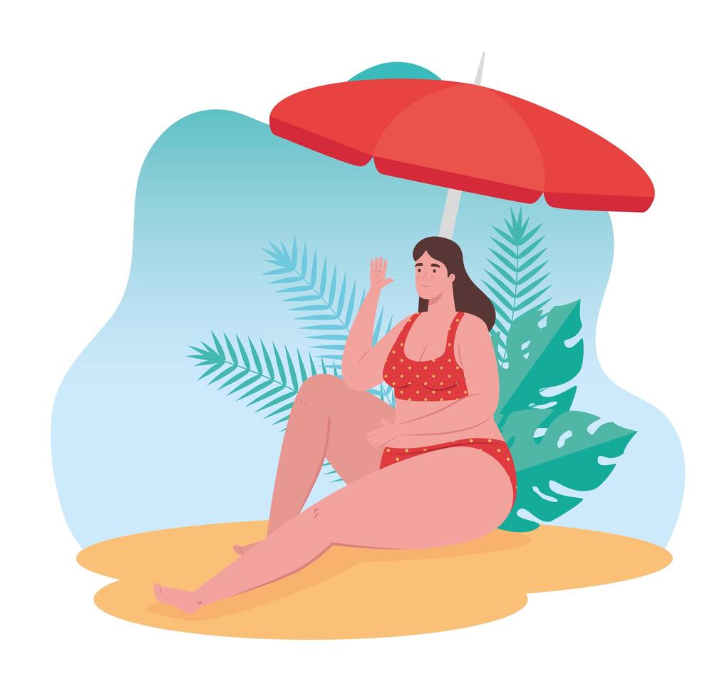 Linda mujer en traje de baño sentada en la playa, temporada de vacaciones de verano vector