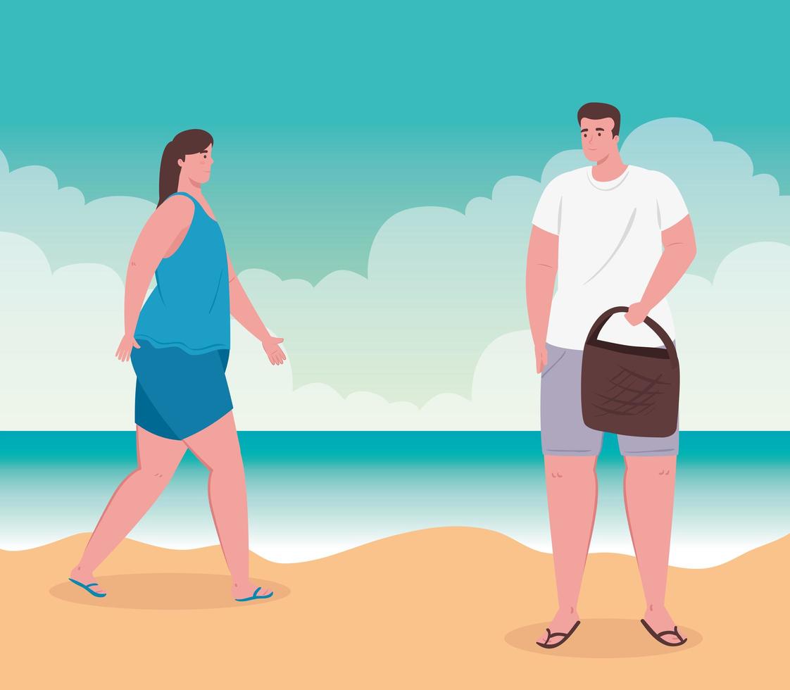 young couple on the beach, summer vacation season vector