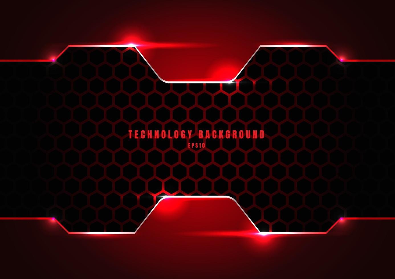 Abstract black and red metallic frame with lighting on hexagons texture pattern technology innovation concept background. vector