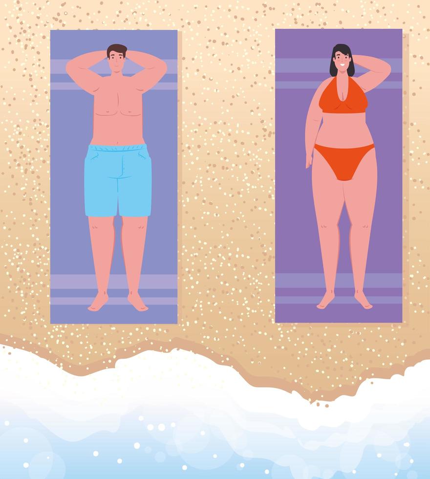 Couple sunbathing at the beach, summer vacation season vector