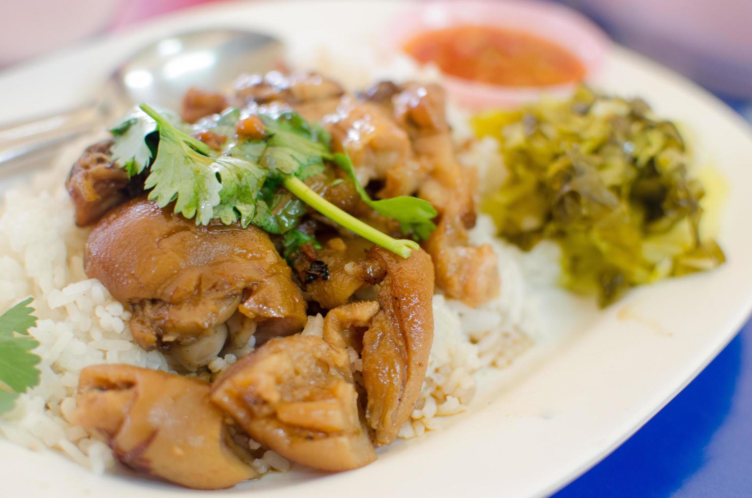 Stewed pork leg on rice, Thai food photo