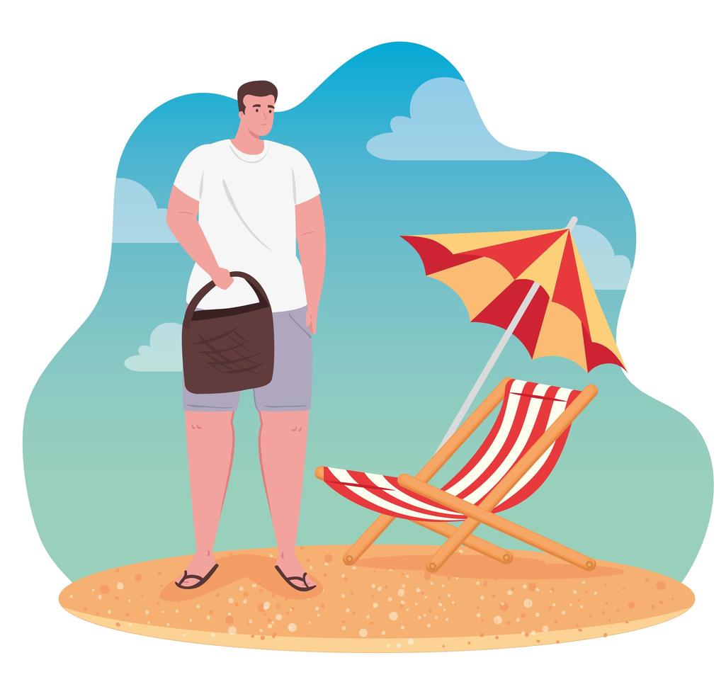 hombre en la playa, vacaciones de verano y concepto de turismo vector