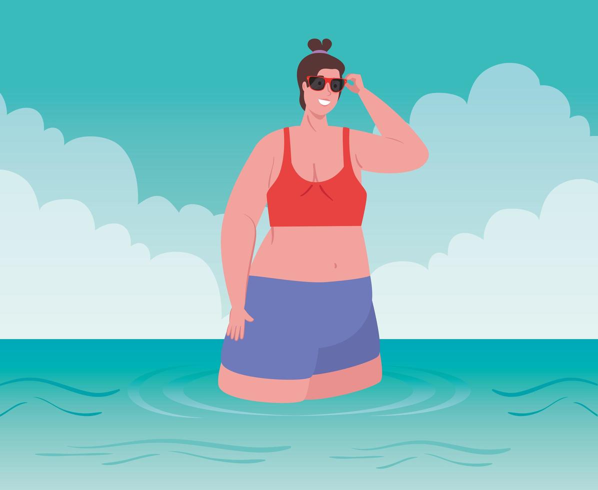 mujer en la playa, vacaciones de verano y concepto de turismo vector