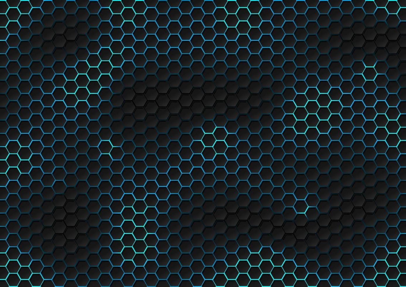 Patrón hexagonal negro abstracto de textura futurista con concepto de tecnología de rayos de luz azul. vector