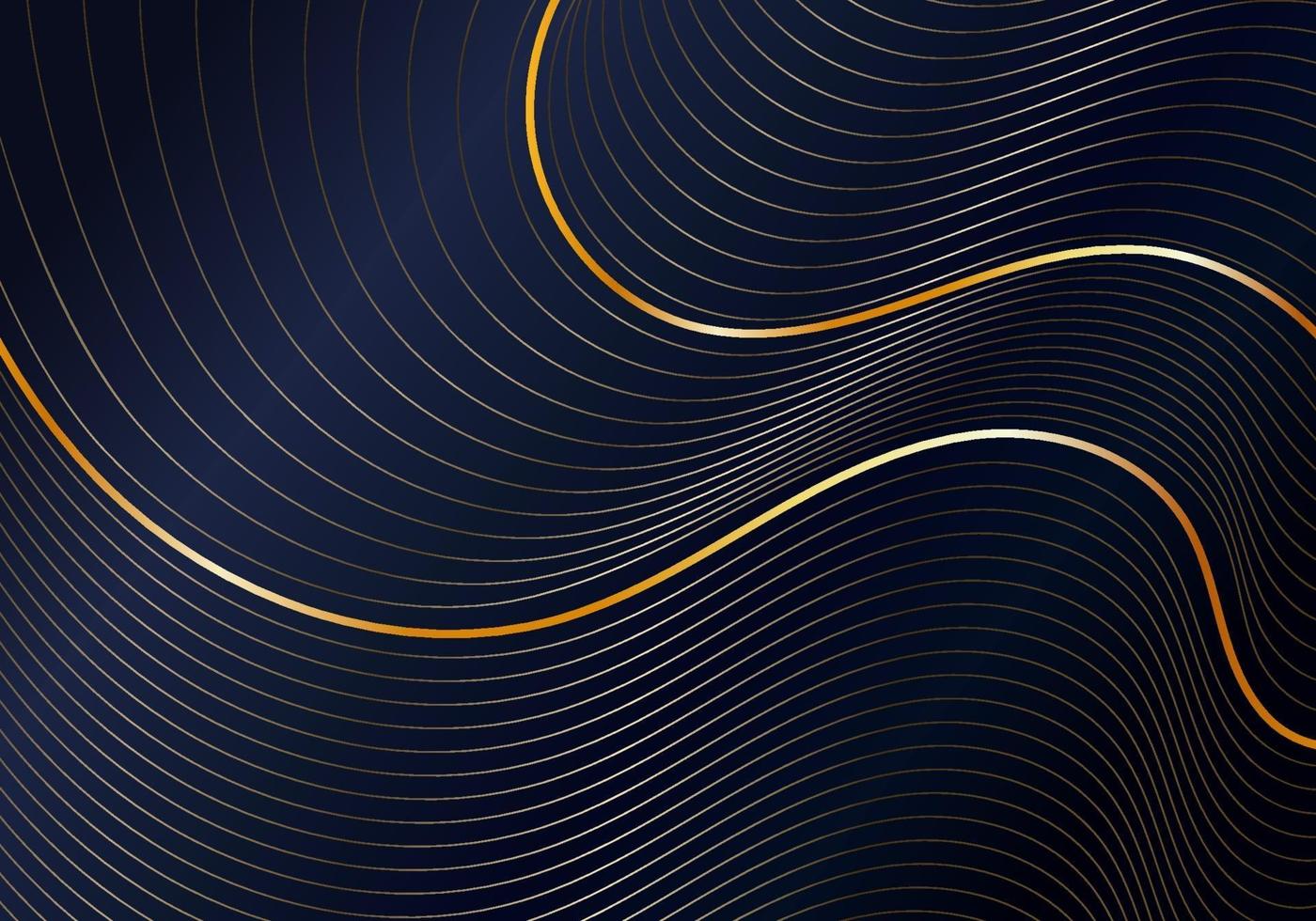 Patrón de líneas curvas de onda de oro brillante abstracto sobre fondo azul oscuro estilo de lujo vector