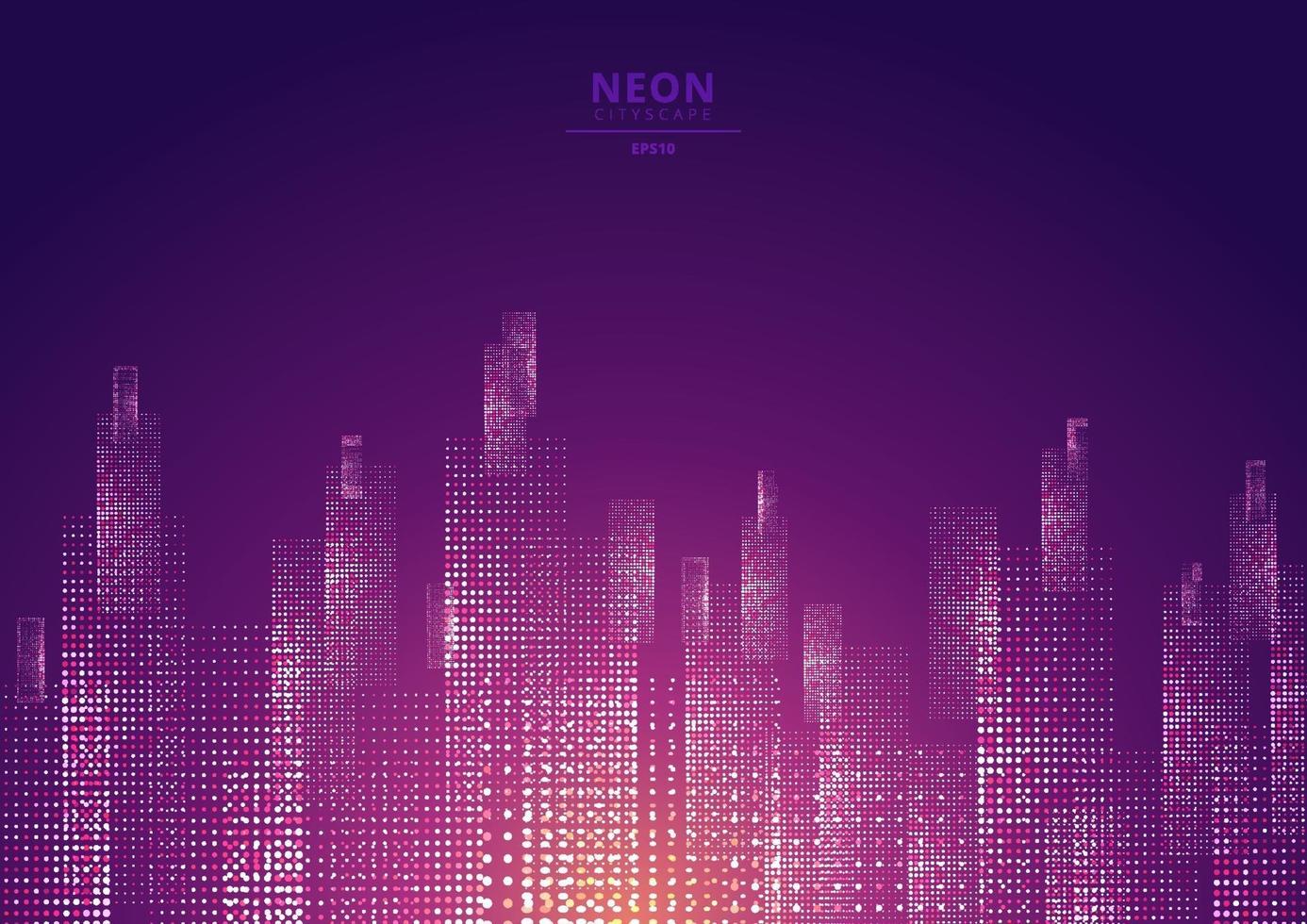 Cityscape on a dark background with bright and glowing neon purple and yellow lights. vector