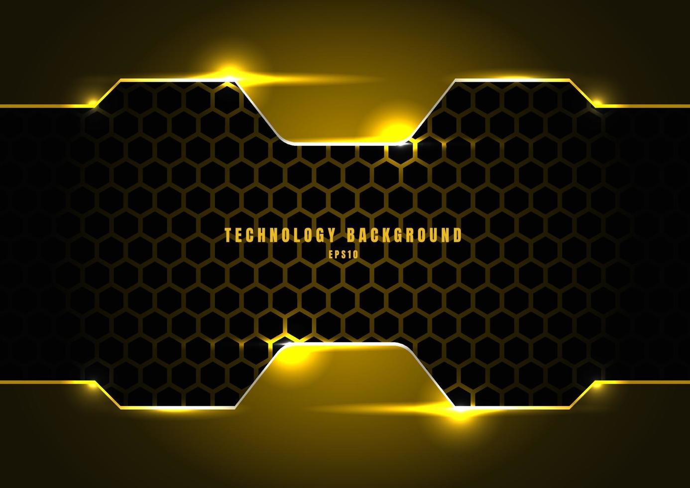 Marco metálico negro y amarillo abstracto con iluminación en hexágonos textura patrón tecnología innovación concepto fondo. vector