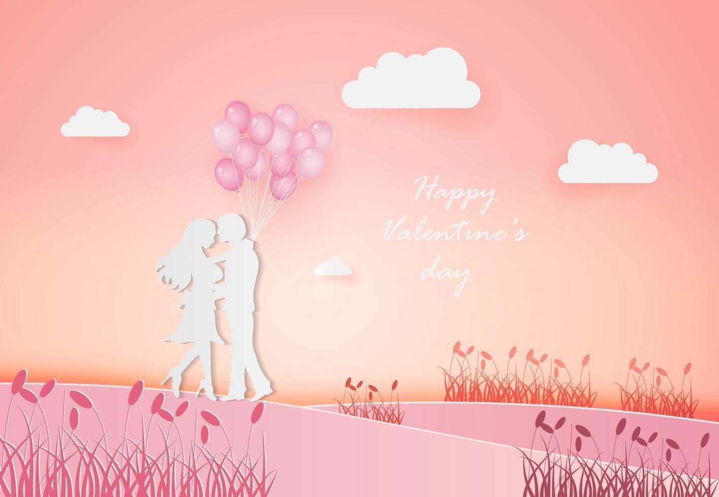 Invitation card Valentine's day abstract background with young joyful couple on field. vector