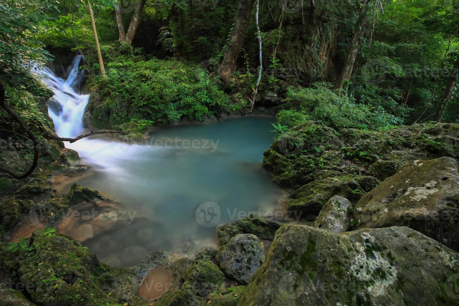 Waterfall on rocks in forest photo