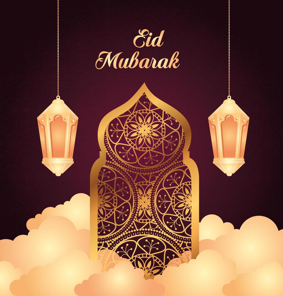 Eid al adha mubarak celebration with lantern hanging and arab window vector