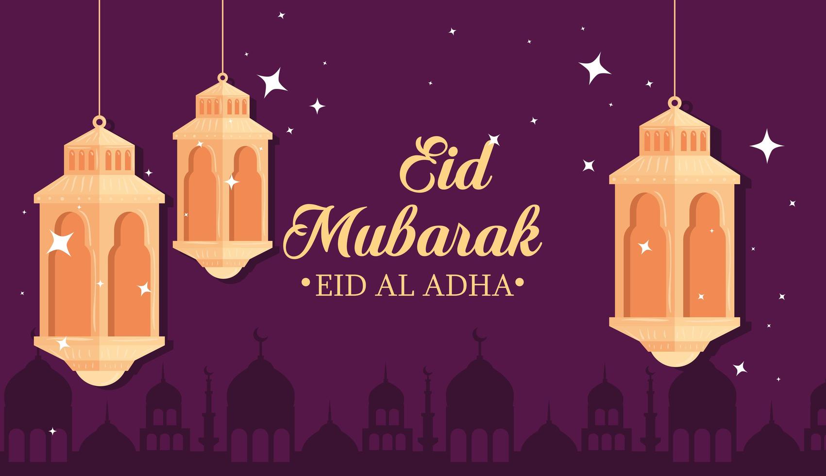 Eid al adha mubarak celebration with lanterns hanging vector