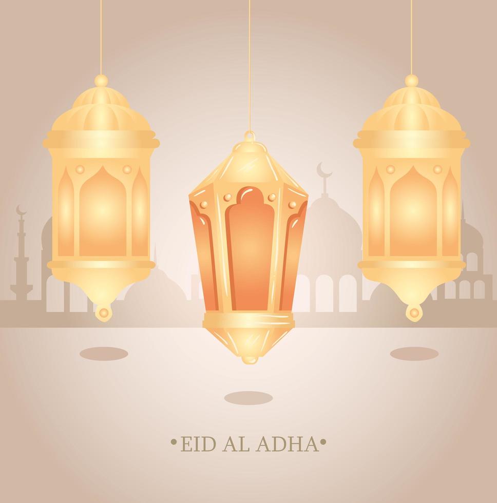 Eid al adha mubarak celebration with lanterns hanging vector