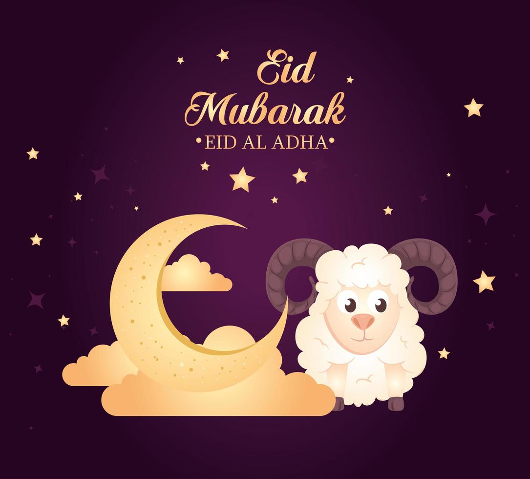 celebración de eid al adha mubarak con luna y ovejas vector