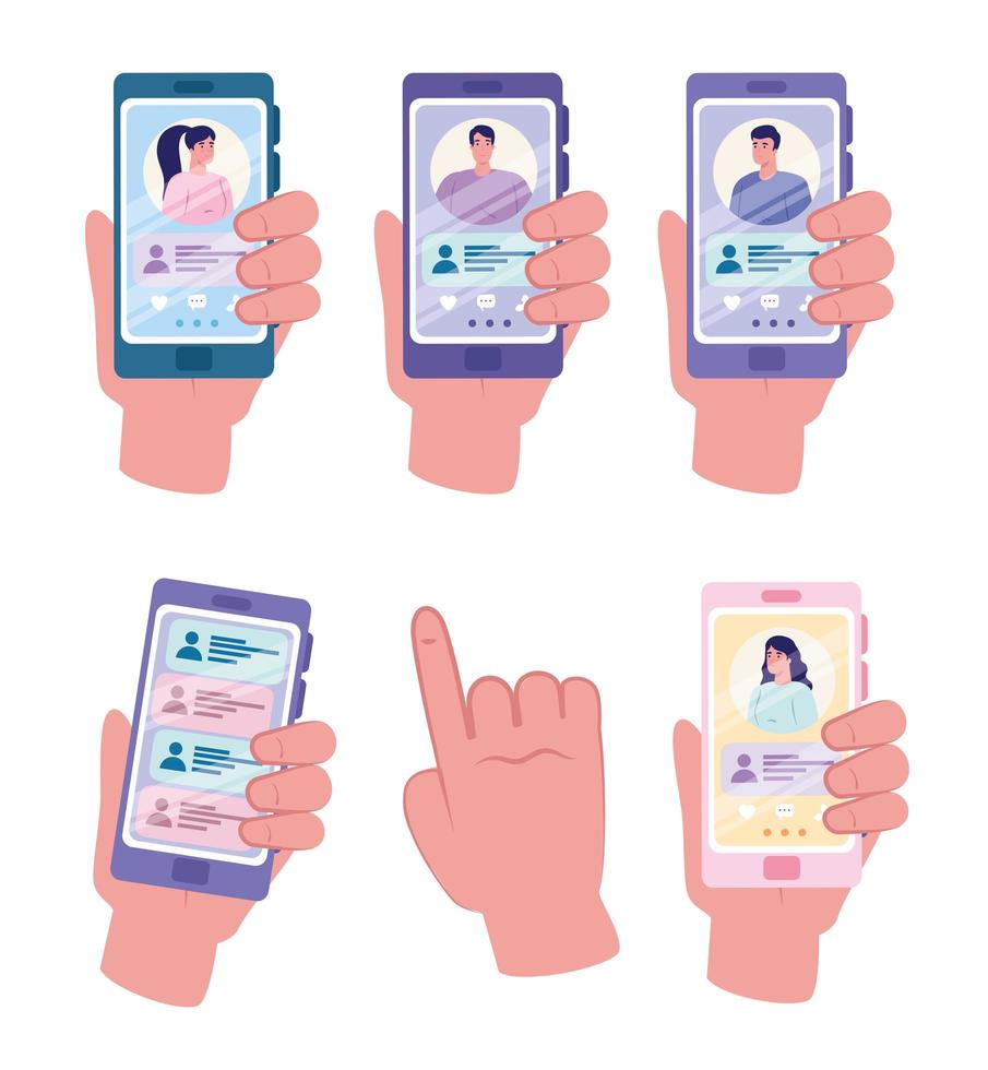 Online dating service icon collection with hands holding phones vector