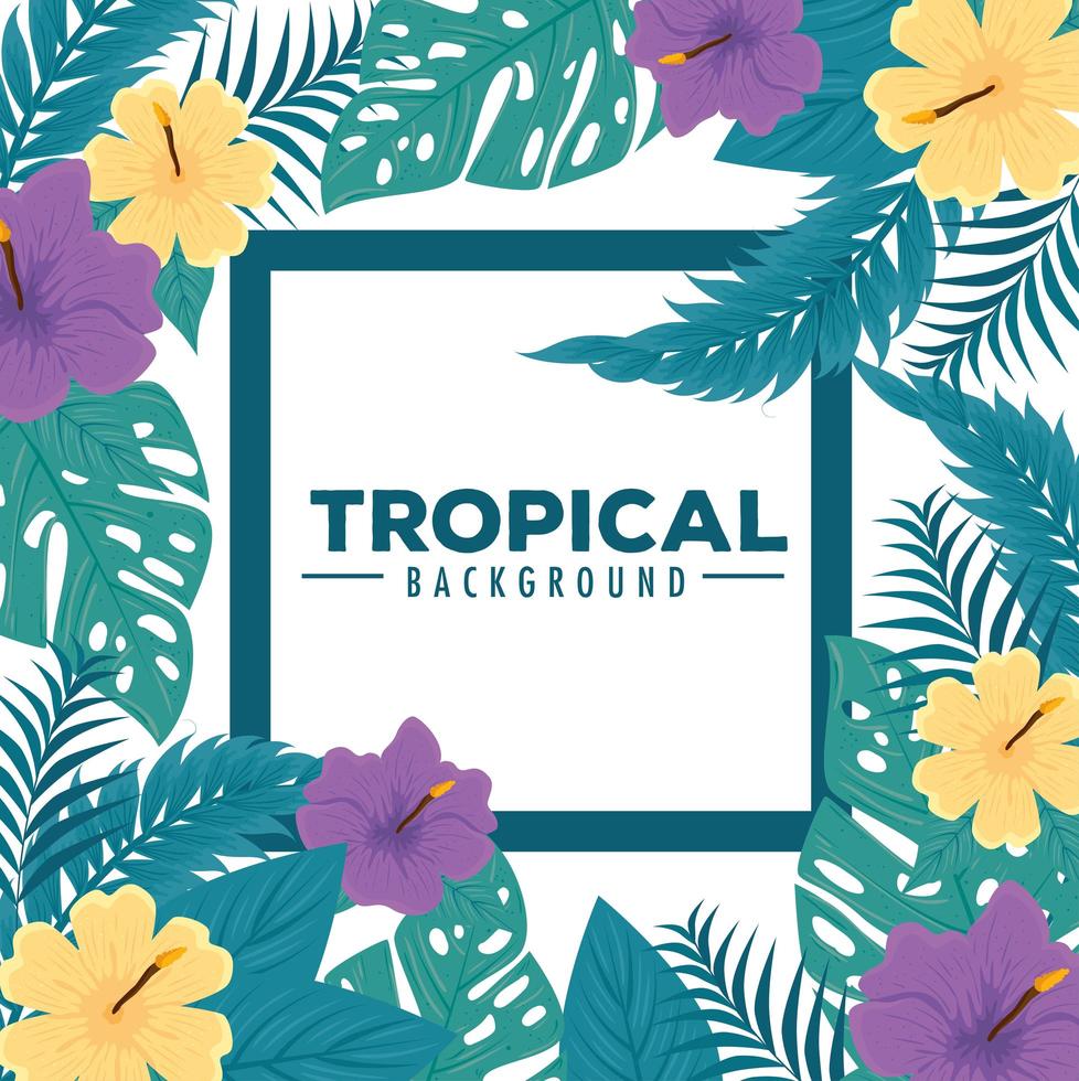 Tropical foliage background with green leaves and flowers vector