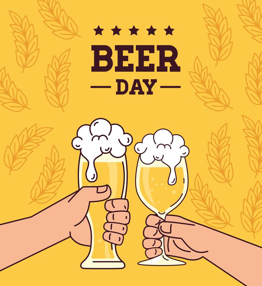 celebración del día internacional de la cerveza con manos animando vector