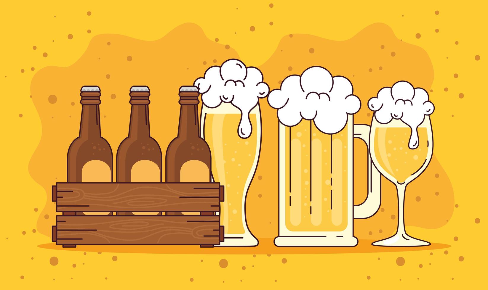 International beer day celebration with beer mugs, glasses and bottles vector