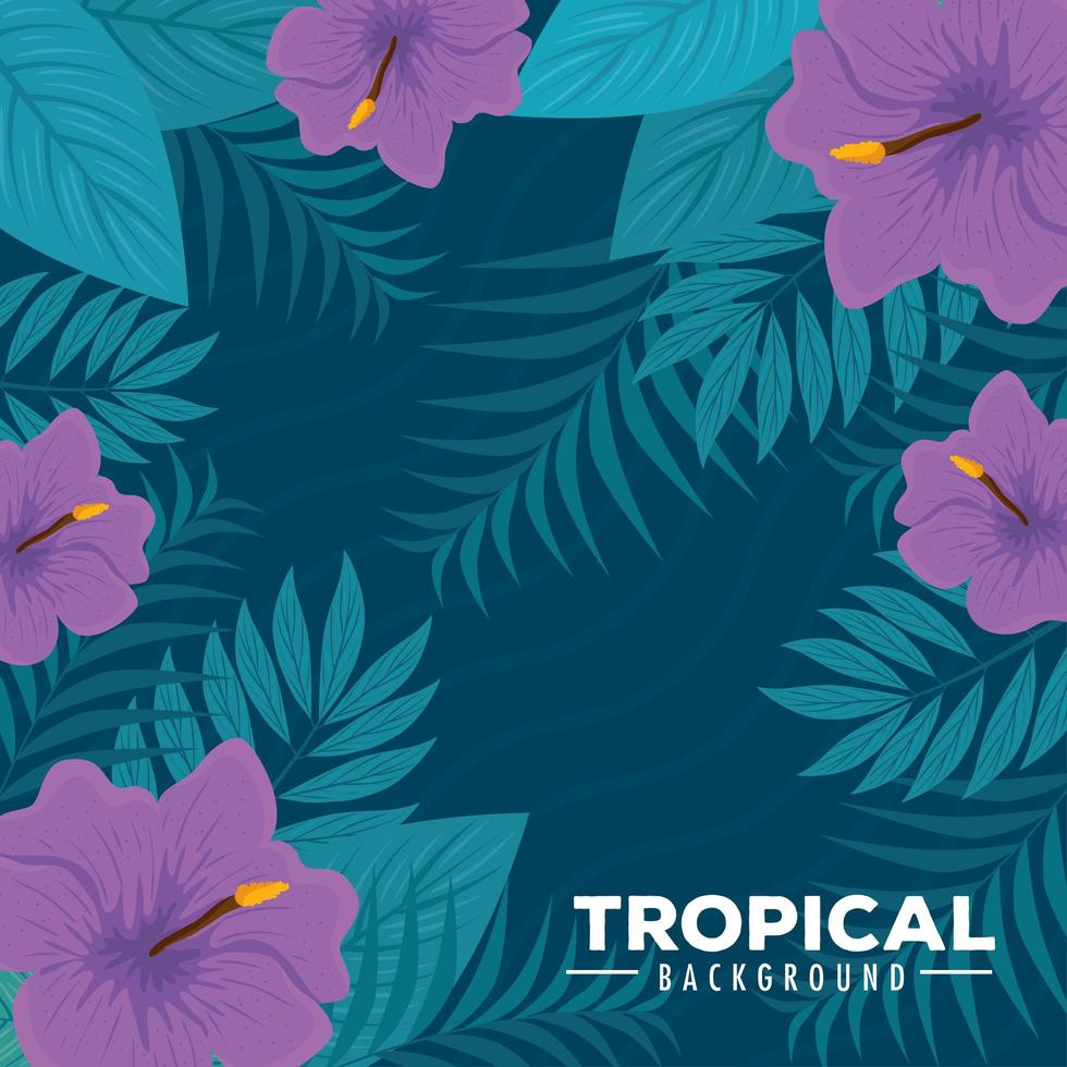 Fondo de follaje tropical con hojas verdes y flores de color púrpura. vector