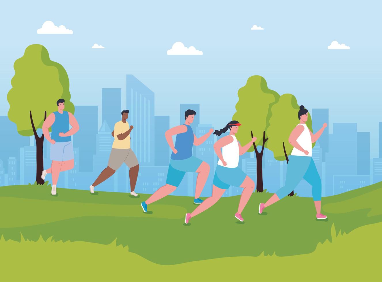 Marathoners running outdoors vector