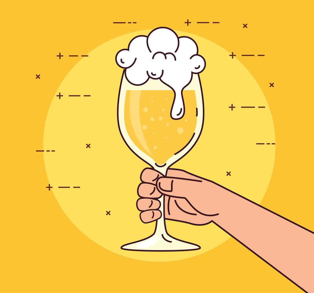 hand holding a beer glass on yellow background vector