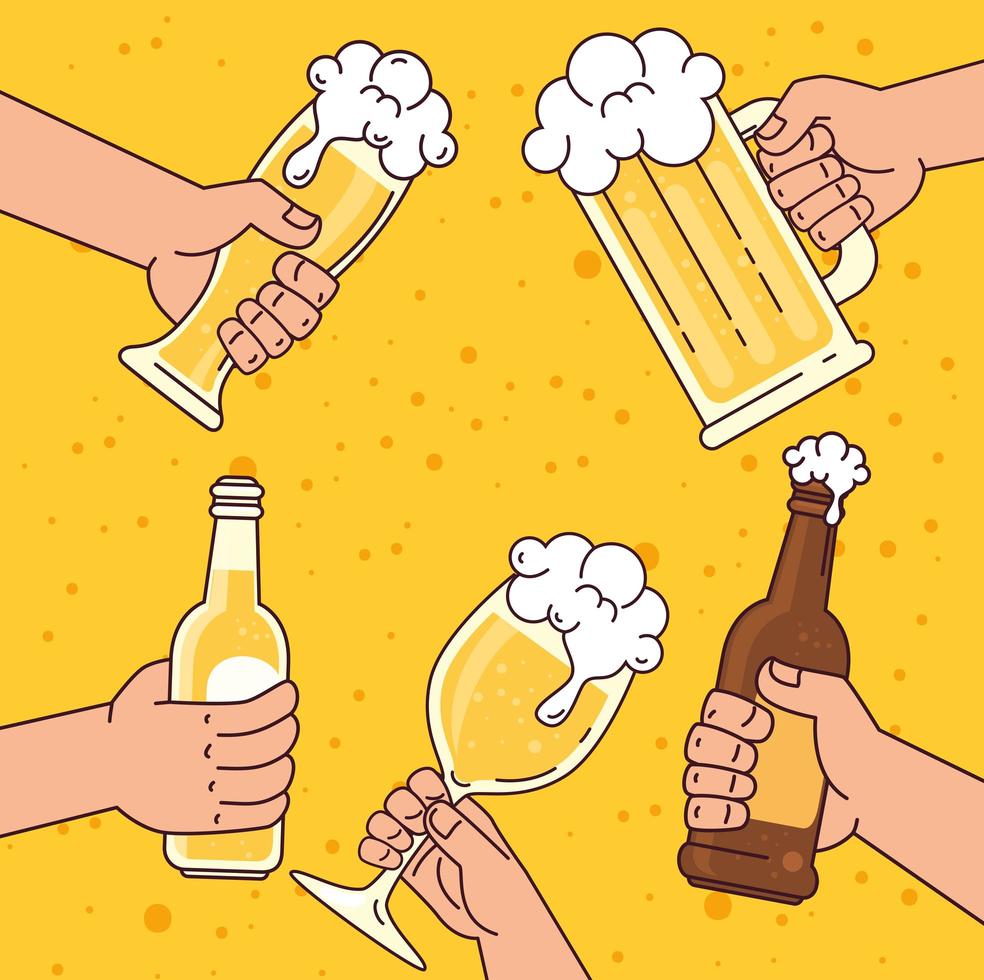 hands holding beers on yellow background vector