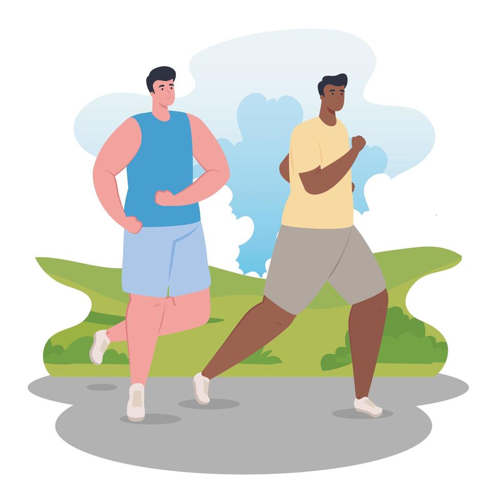Interracial marathoner men running outdoors vector