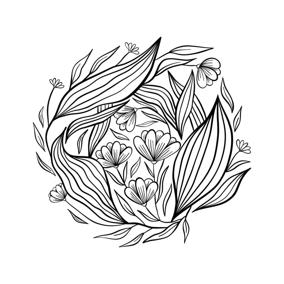 dibujo de flores botánicas y bocetos con arte lineal en blanco y negro. forma redonda. dibujado a mano ilustración botánica vector