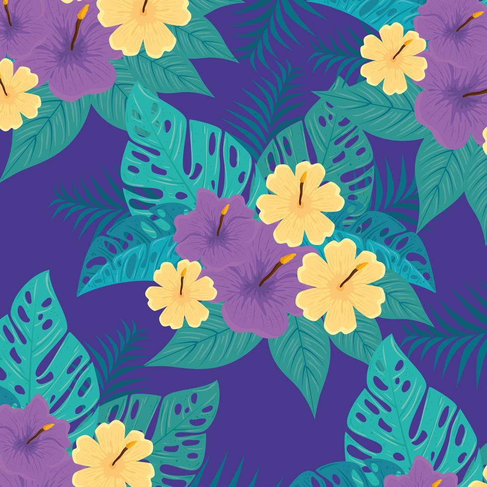 Fondo de follaje tropical con hojas verdes y flores. vector