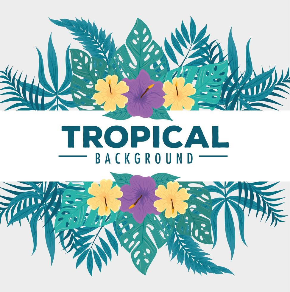Tropical foliage background with green leaves and flowers vector