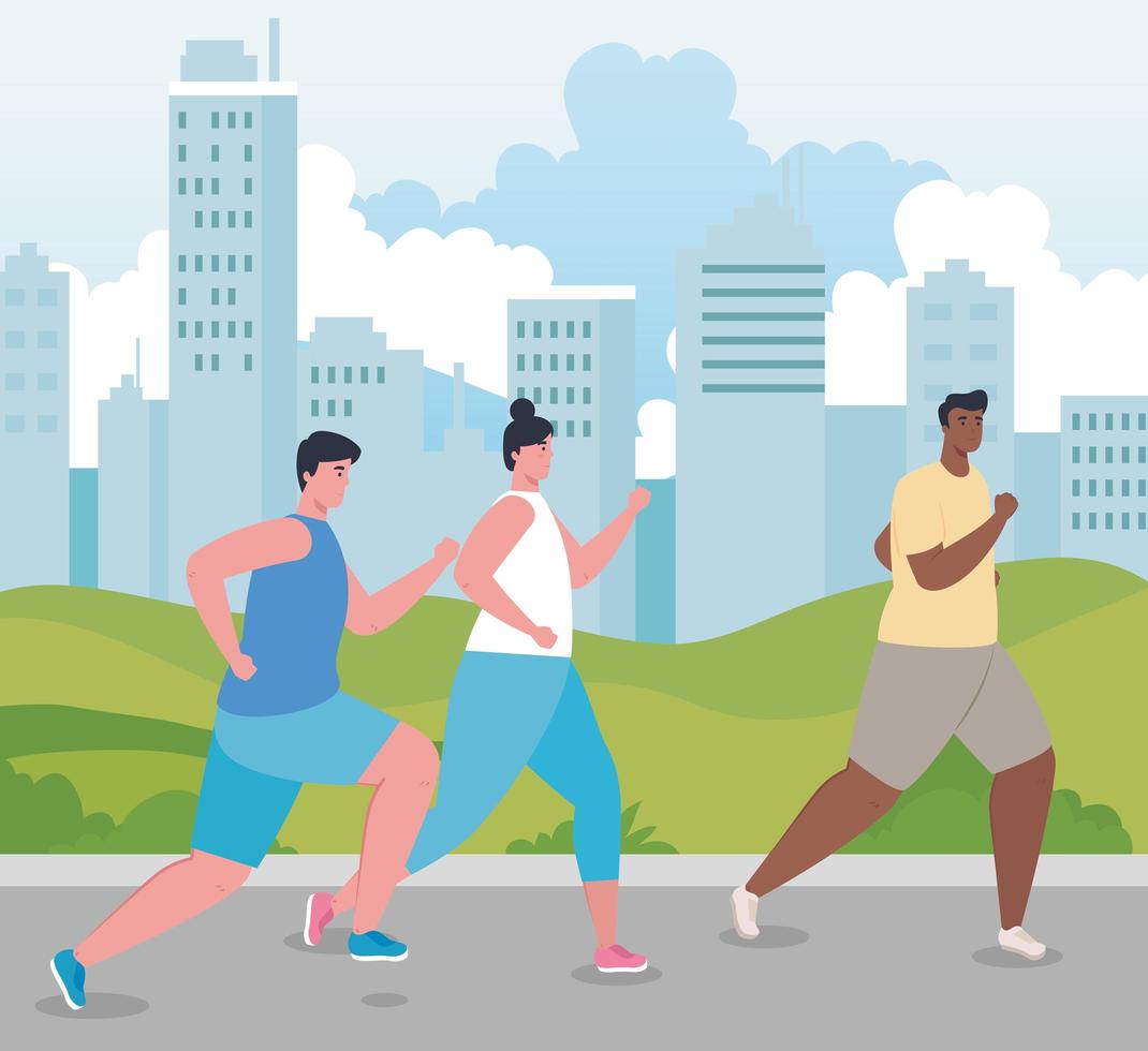 Interracial marathoners running outdoors vector