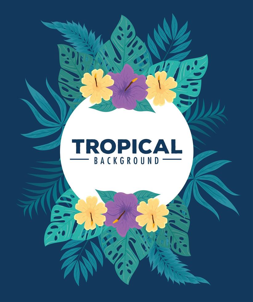 Tropical foliage background with green leaves and flowers vector