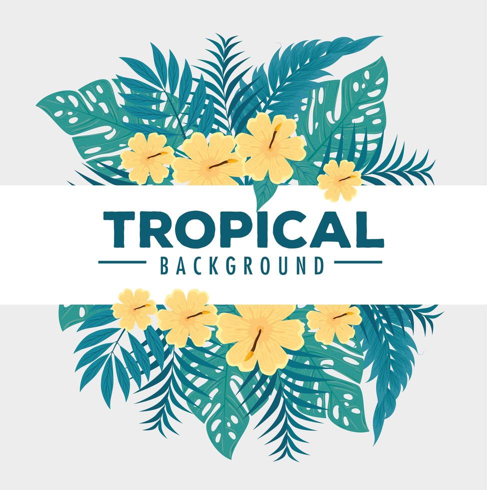 Fondo de follaje tropical con hojas verdes y flores amarillas vector