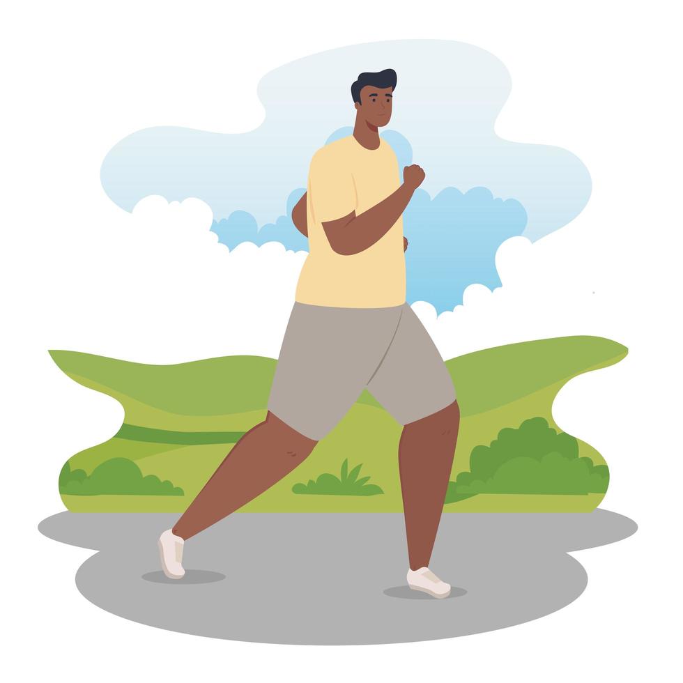 Hombre afro maratonista corriendo al aire libre vector