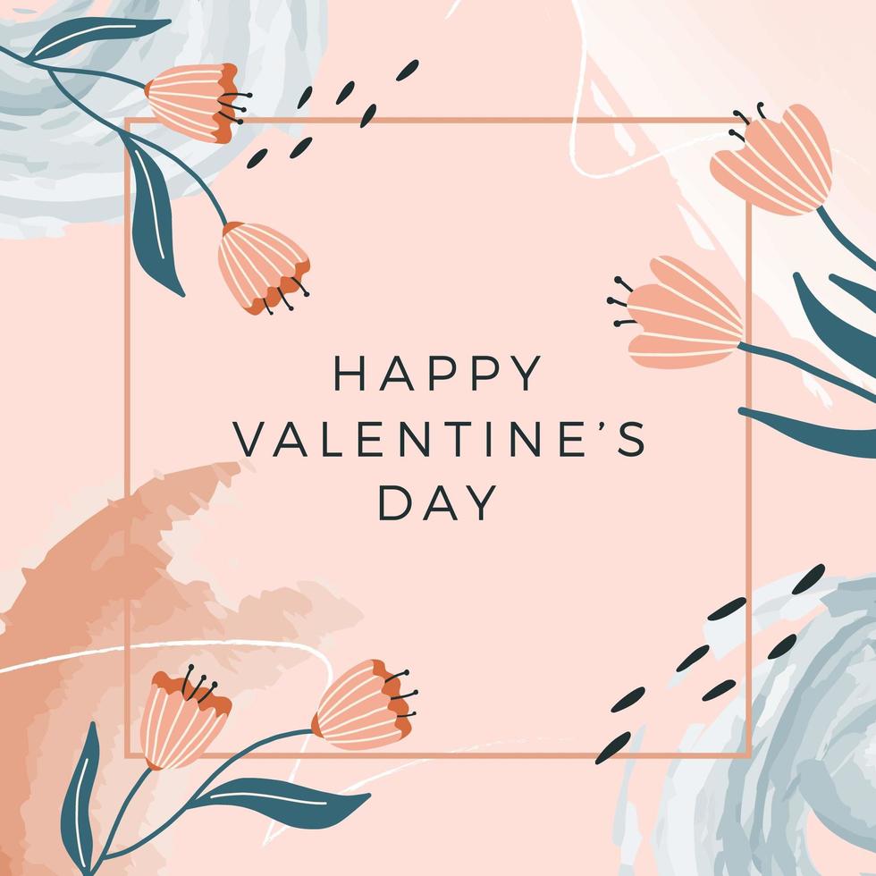 Happy Valentine's Day square banner template, greeting card. Hand-drawn flower, watercolor elements. vector